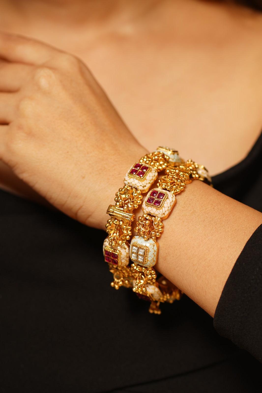 Hazeera Meenakari Gold Polki Bangle Set - Attrangi