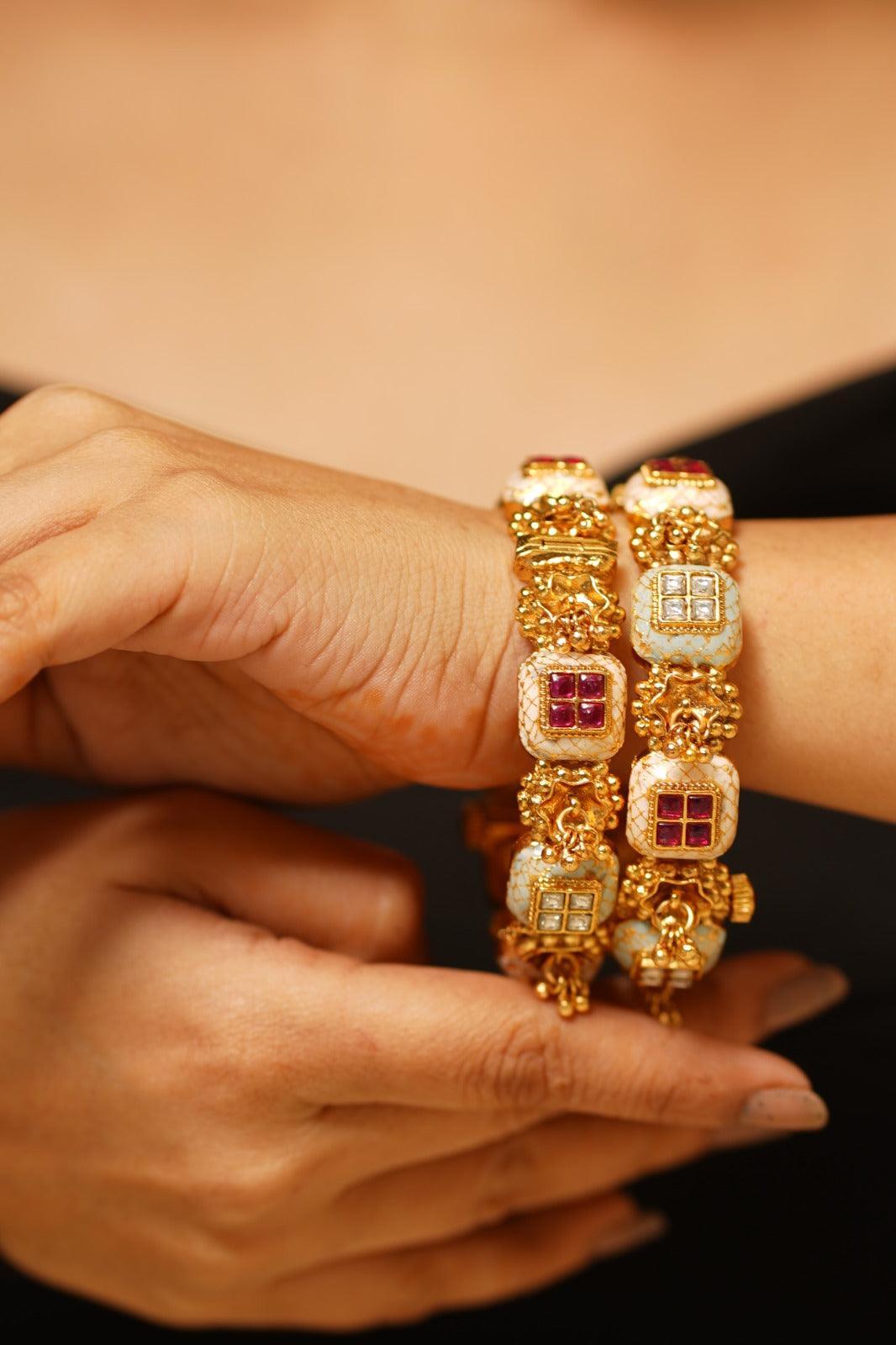 Hazeera Meenakari Gold Polki Bangle Set - Attrangi