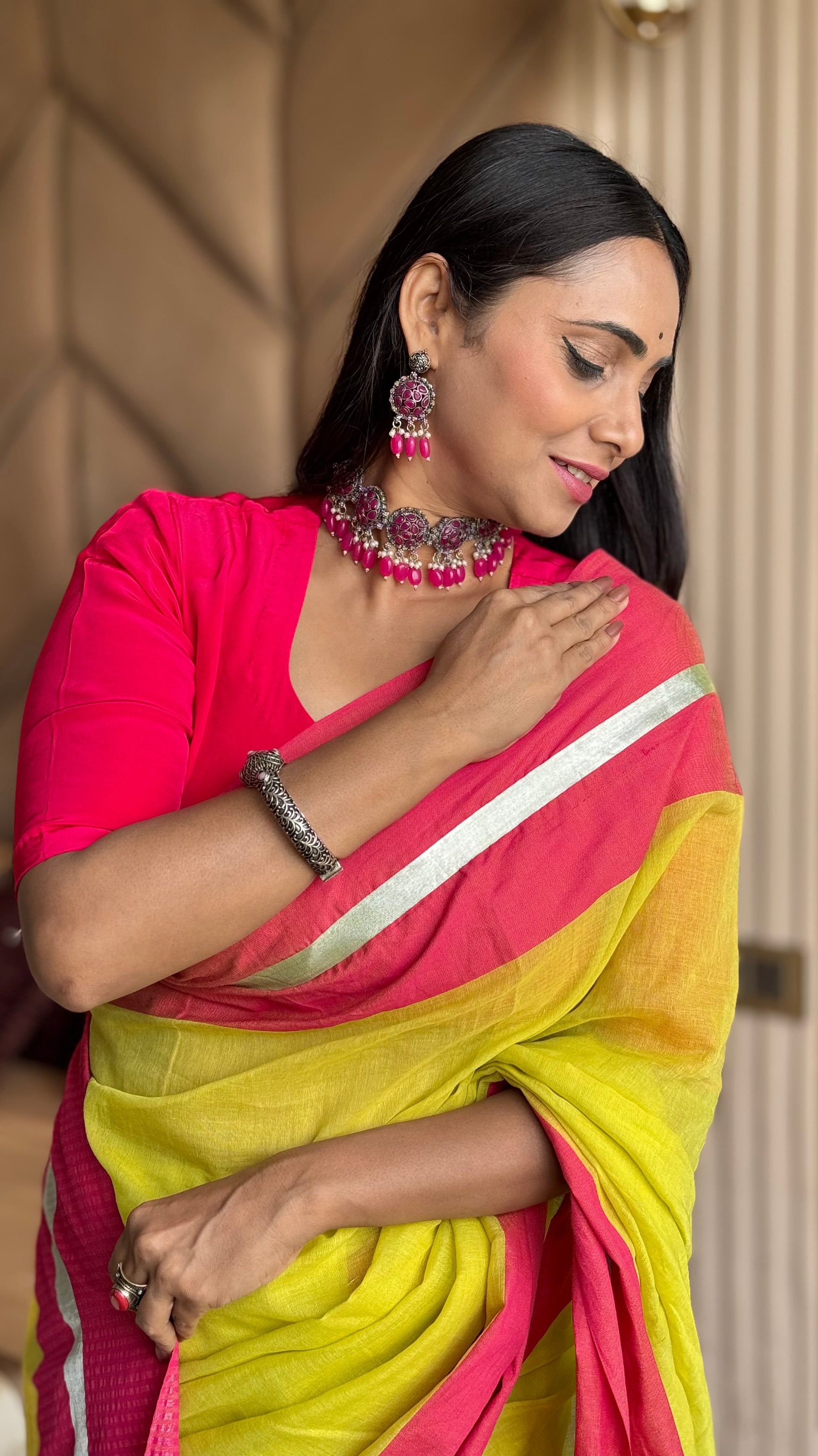 Mul Cotton Saree With Contrast Border Zari Aura - Lime Aura