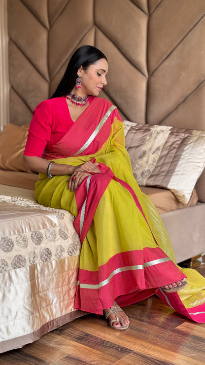 Mul Cotton Saree With Contrast Border Zari Aura - Lime Aura