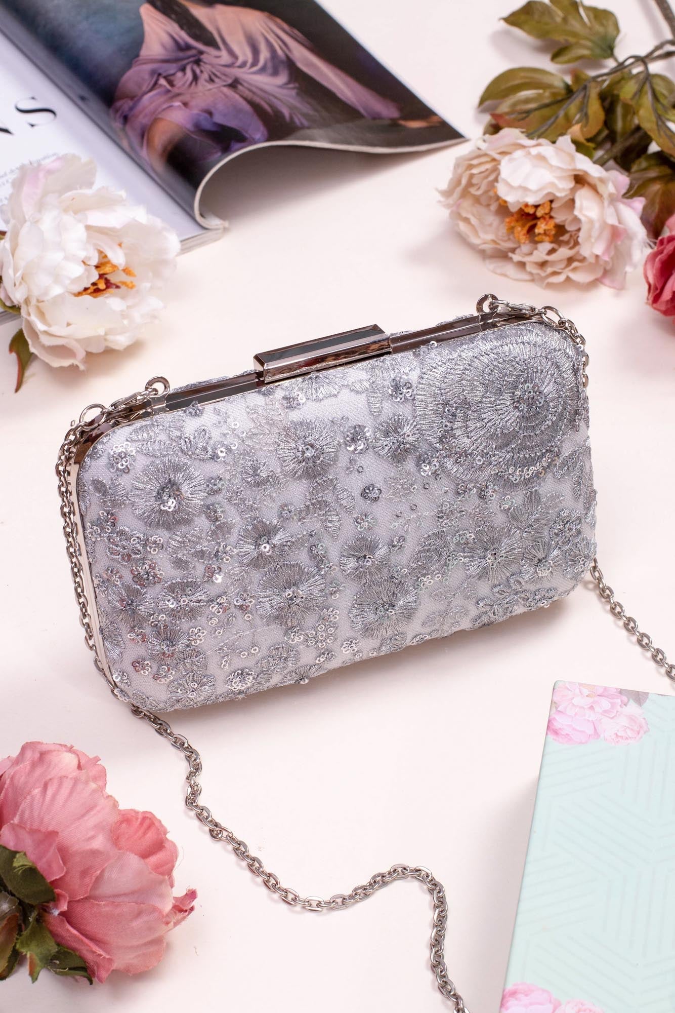AMYRA - Silver Embroidered Box Clutch
