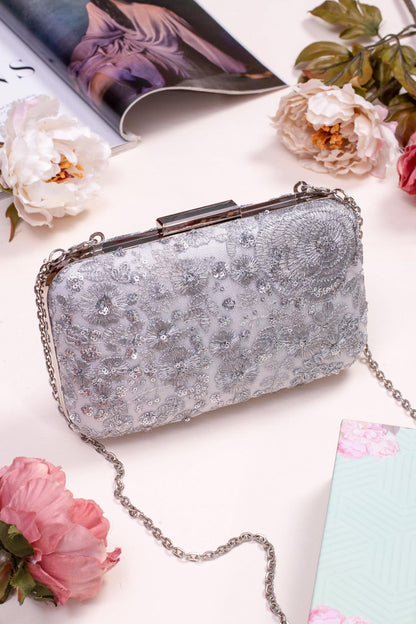 AMYRA - Silver Embroidered Box Clutch