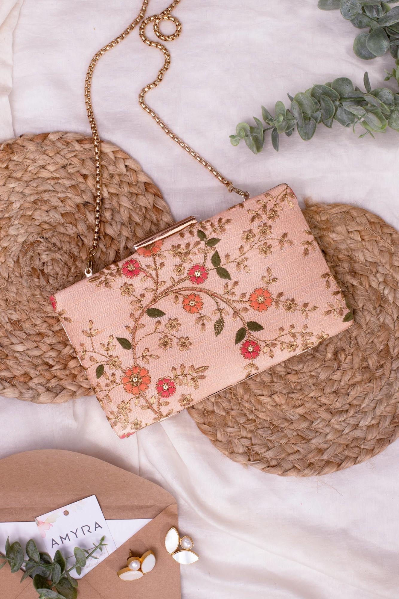 AMYRA - Floral Creeper Box Clutch - Peach