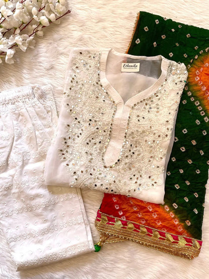 Real Mirror Work Chikankari Kurti with Pant and Bandhani Work Dupatta Set (Stitched) - Premium  from Ethenika.com - Just INR 2190! Shop now at Ethenika.com 