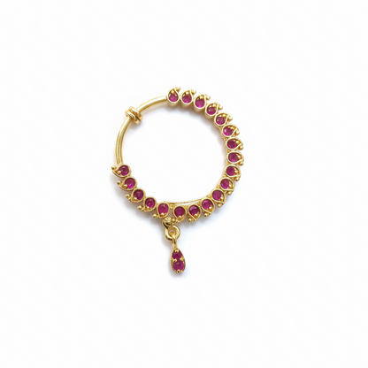 24K gold plated non-piercing nose ring with green and clear gemstones on white background