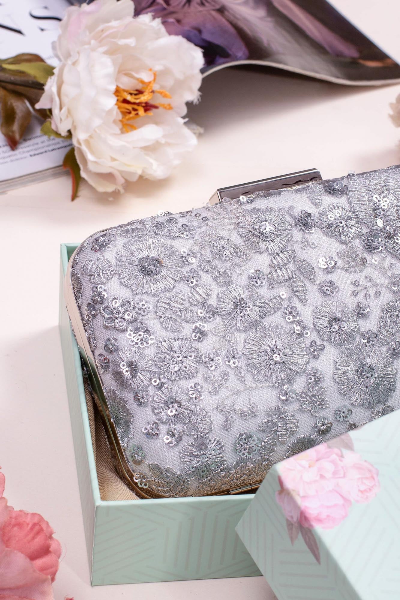 AMYRA - Silver Embroidered Box Clutch