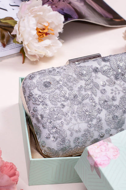 AMYRA - Silver Embroidered Box Clutch