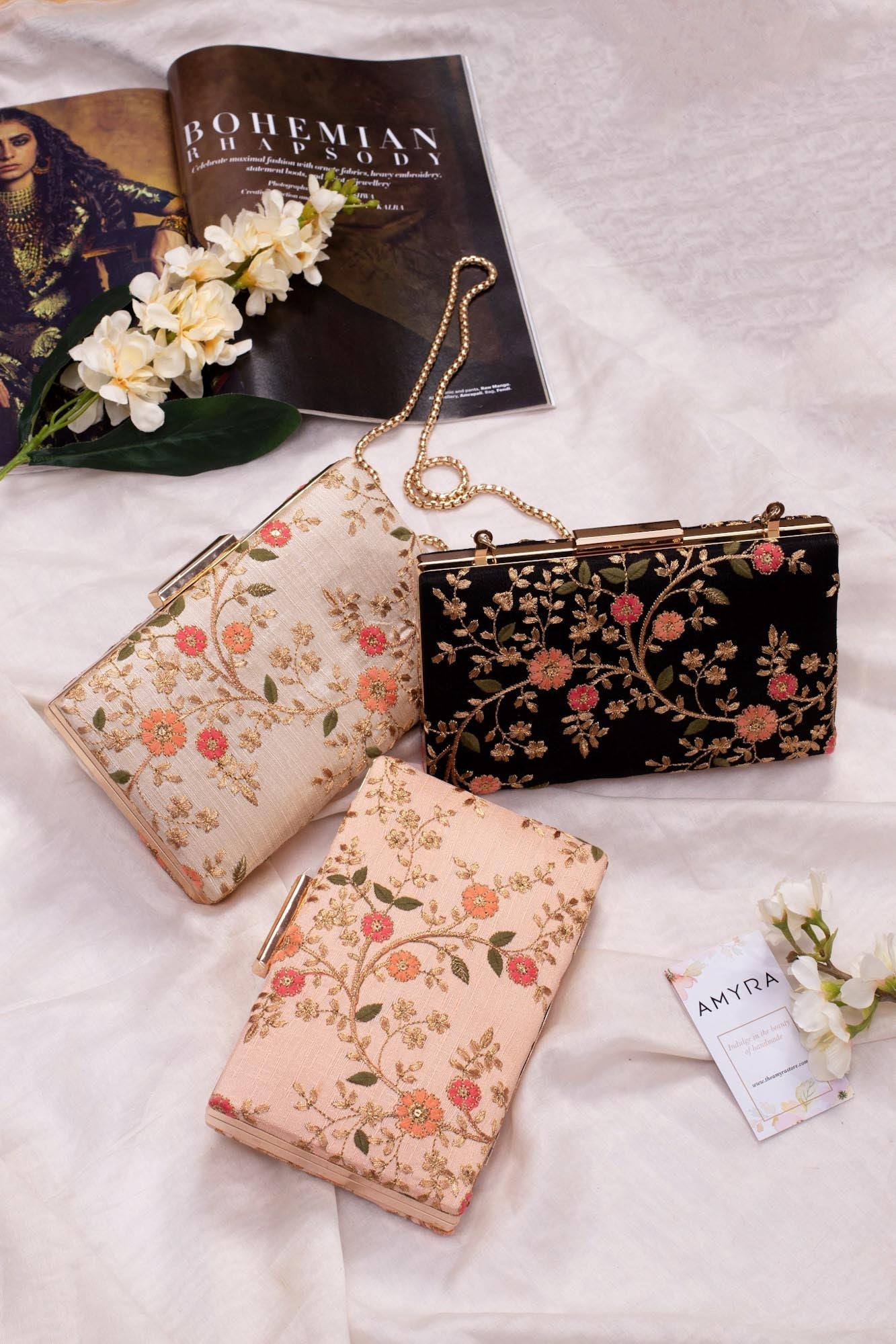 AMYRA - Floral Creeper Box Clutch - Peach
