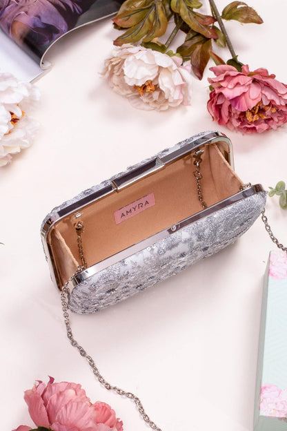 AMYRA - Silver Embroidered Box Clutch