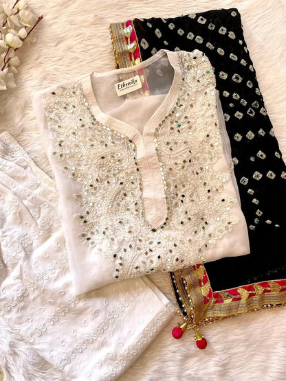Real Mirror Work Chikankari Kurti with Pant and Bandhani Work Dupatta Set (Stitched) - Premium  from Ethenika.com - Just INR 2190! Shop now at Ethenika.com 