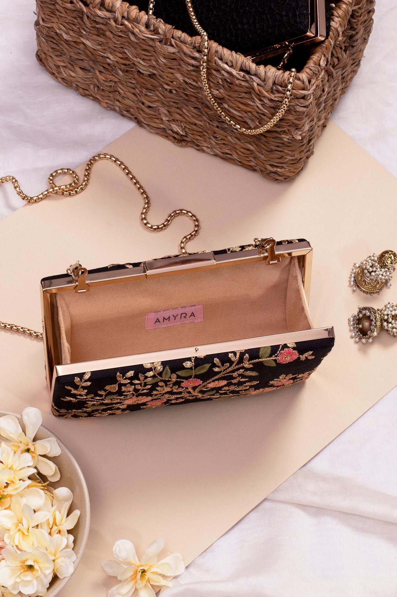 AMYRA - Floral Creeper Box Clutch - Black
