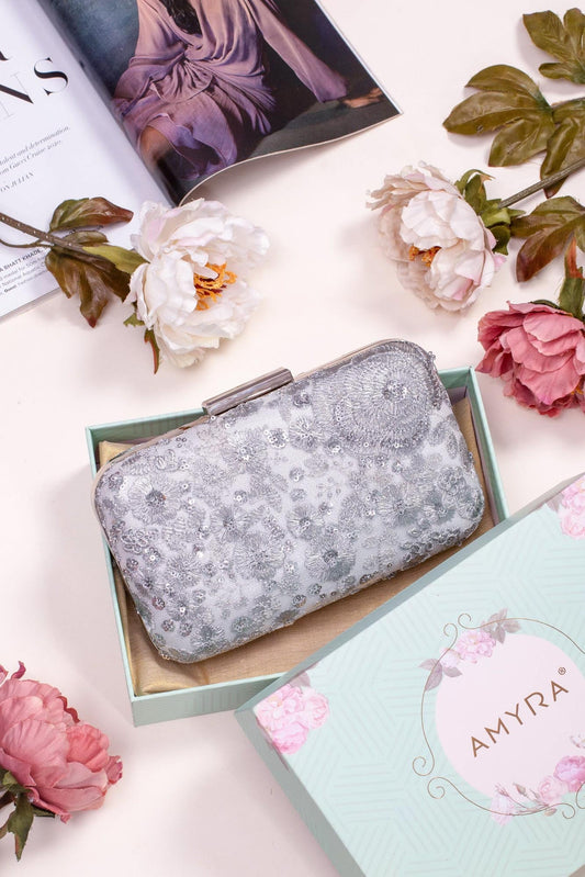 AMYRA - Silver Embroidered Box Clutch