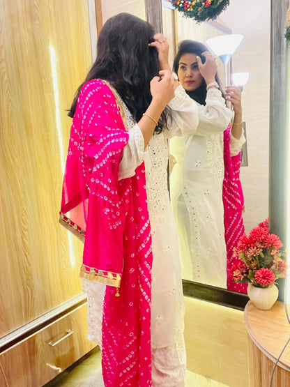 Mirror work Chikankari Kurti with Bandhani Dupatta Pant Set - Premium  from Ethenika.com - Just INR 2490! Shop now at Ethenika.com 
