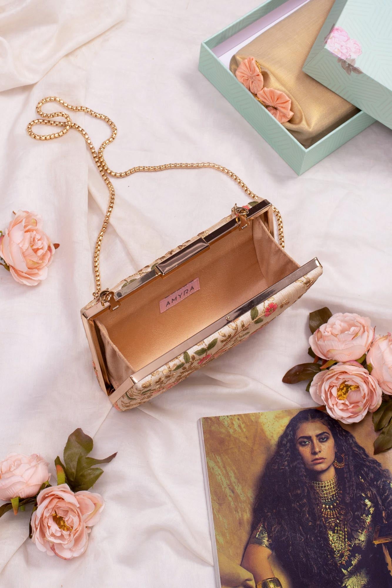 AMYRA - Floral Creeper Box Clutch - Cream