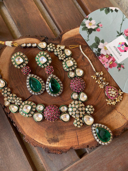 Ishara Polki Meenakari Set | Long Earrings | Maangtika - Attrangi