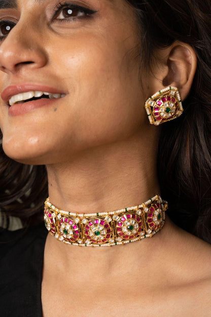 Janani Polki Choker Set with Oversized Studs - Attrangi