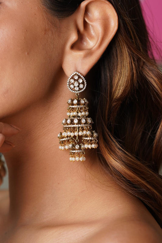 Jharoka Jhumka Drop Indian Polki Earrings | Antique Gold - Attrangi