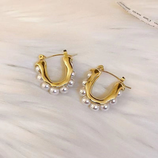 Gold Wavy Pearl Huggie Hoops JLT11261