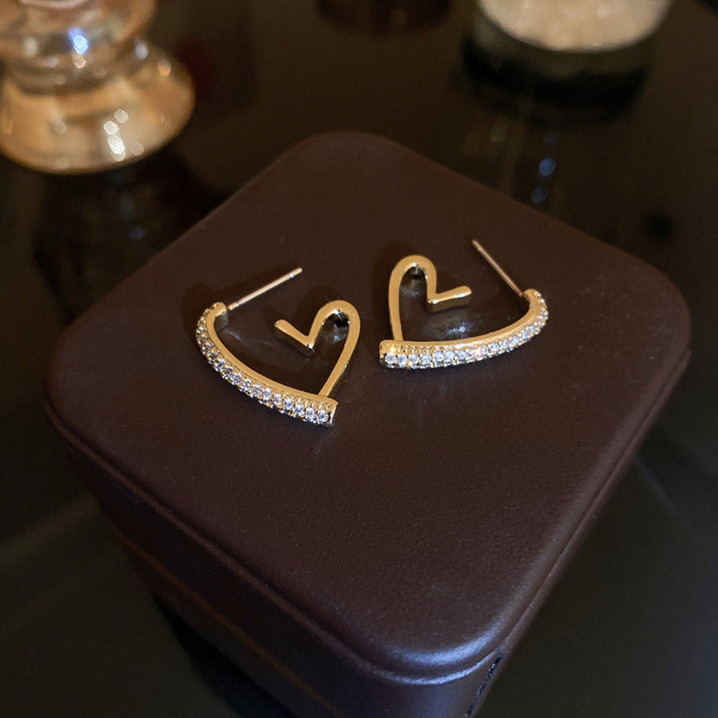 Delicate Gold Heart Shaped Earrings with Crystal Accents-jlt11508