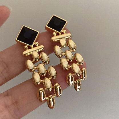 Gold Link Tassel Earrings with Onyx Black Studs JLT13653