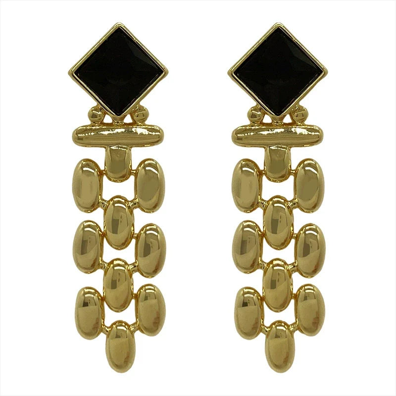 Gold Link Tassel Earrings with Onyx Black Studs JLT13653