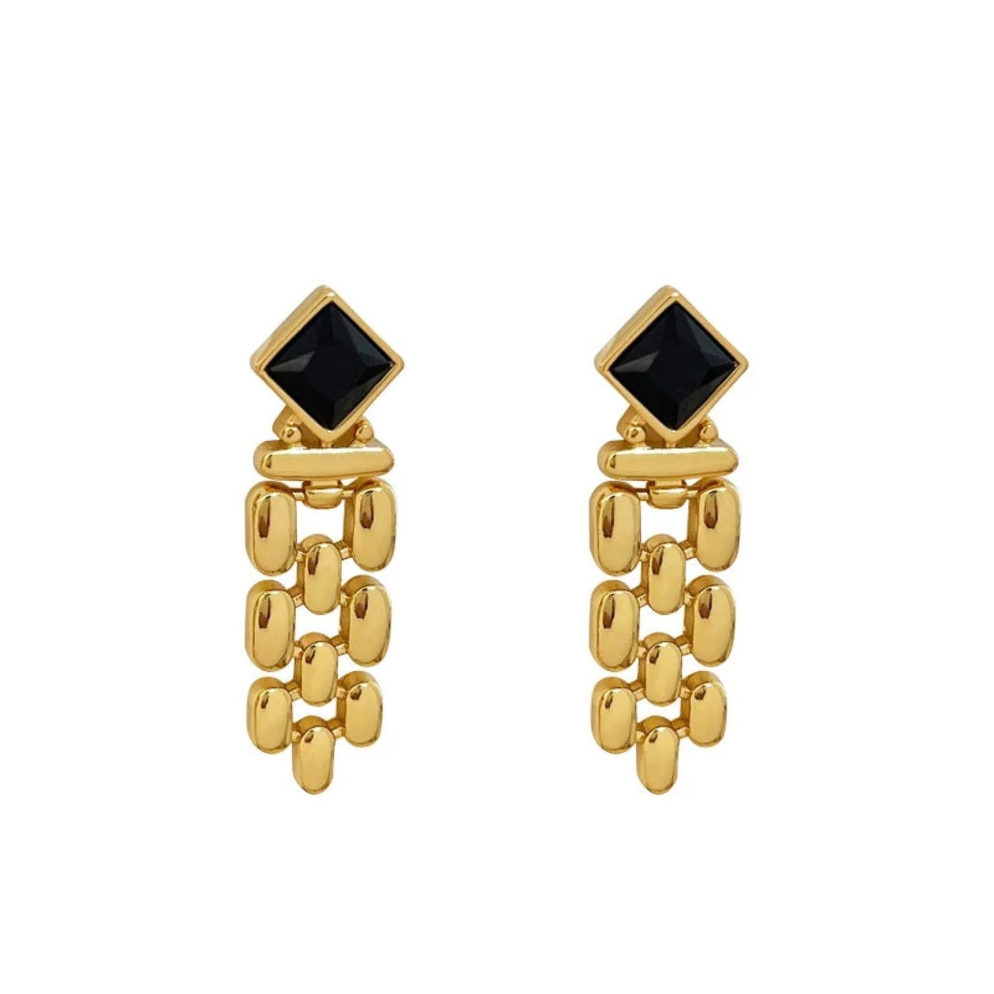 Gold Link Tassel Earrings with Onyx Black Studs JLT13653