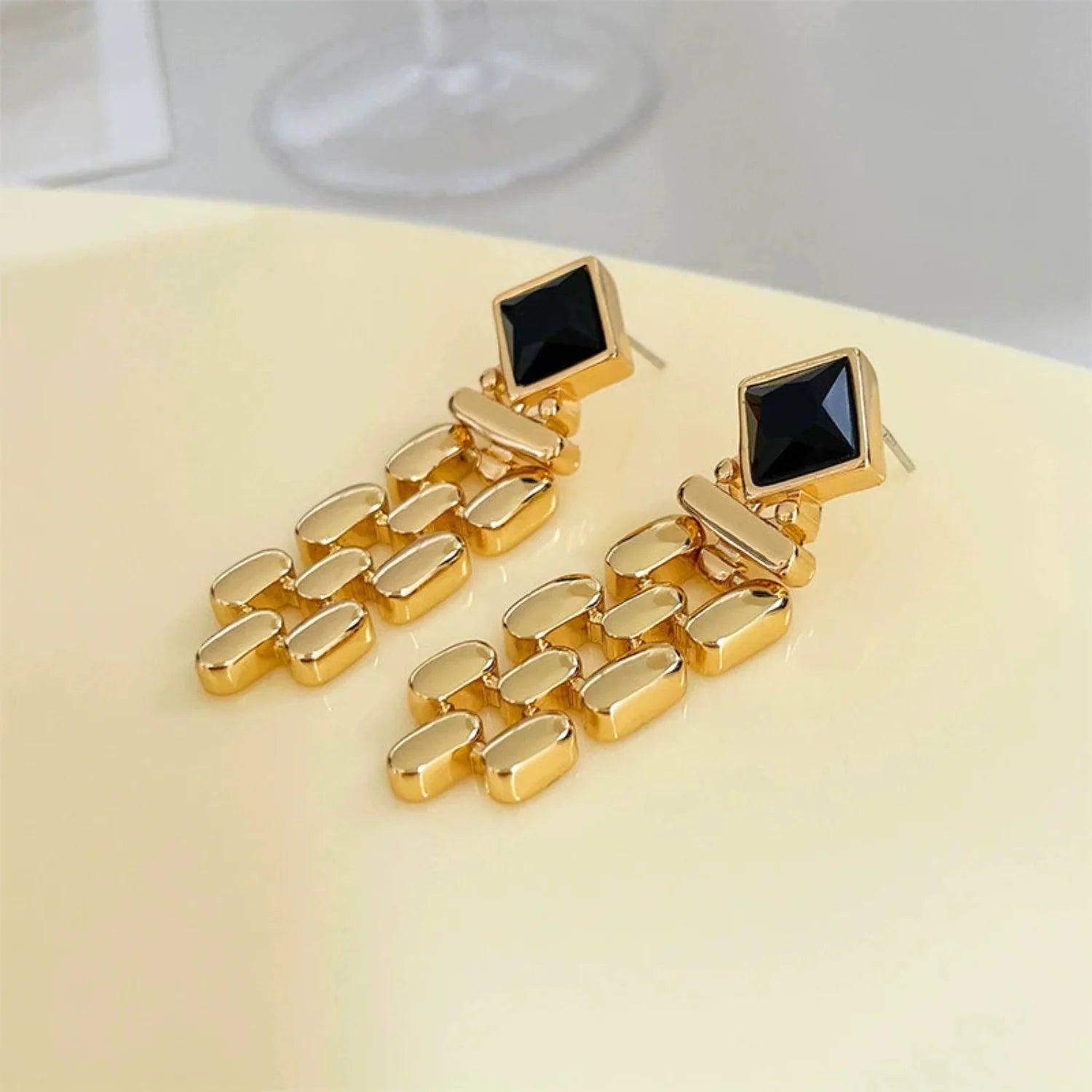 Gold Link Tassel Earrings with Onyx Black Studs JLT13653