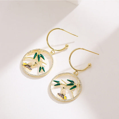 Gold Bamboo Bird Drop Earrings-jlt11657