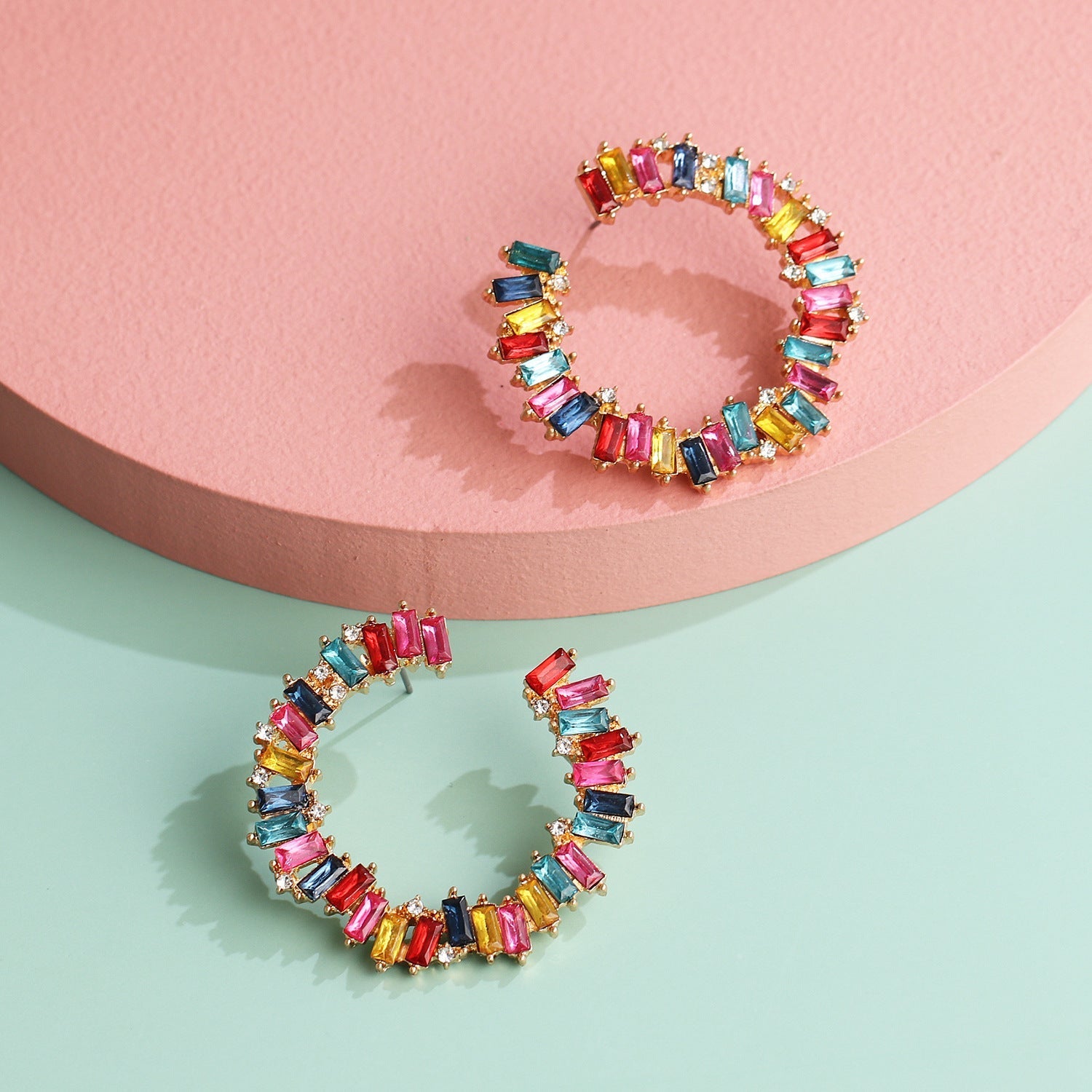 Multicolored Crystal Hoop Earrings-JLT11666