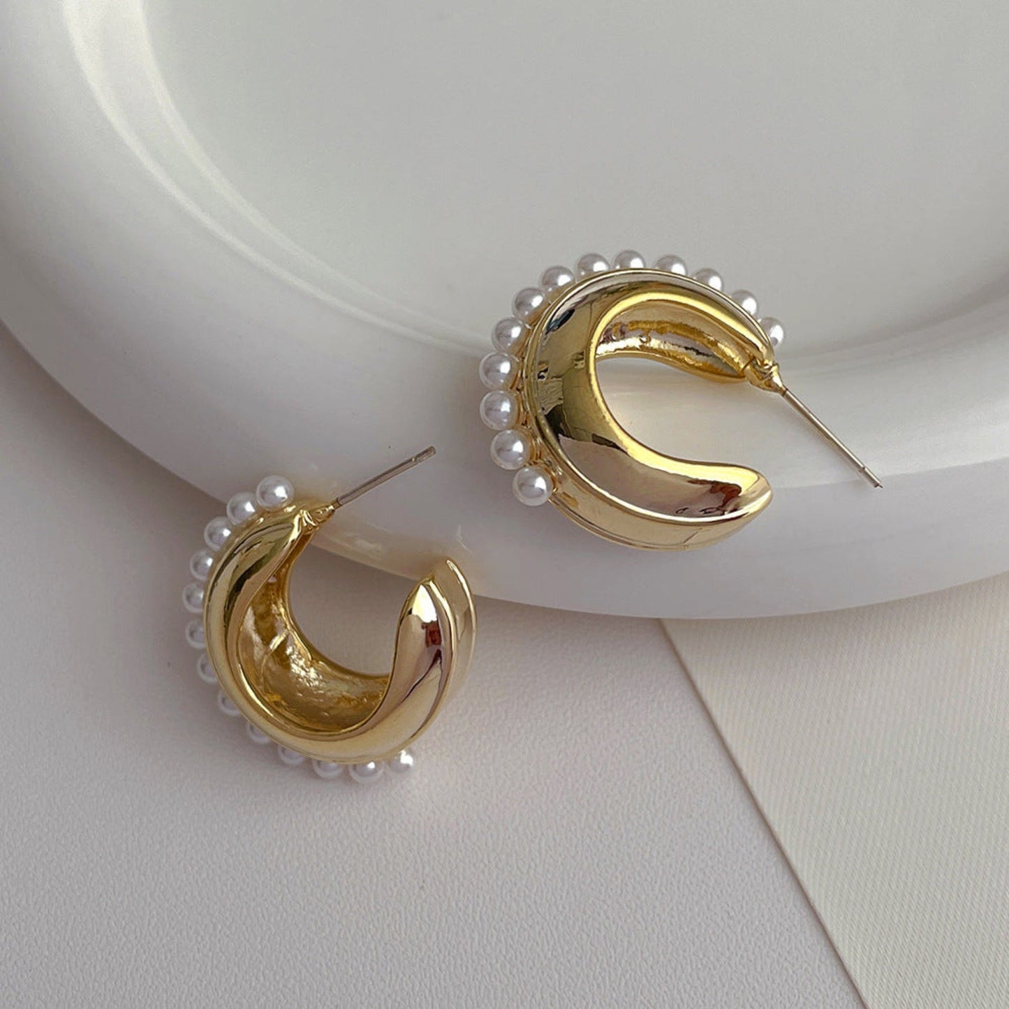Gold Pearl Halo Hoop Stud Earrings JLT12171