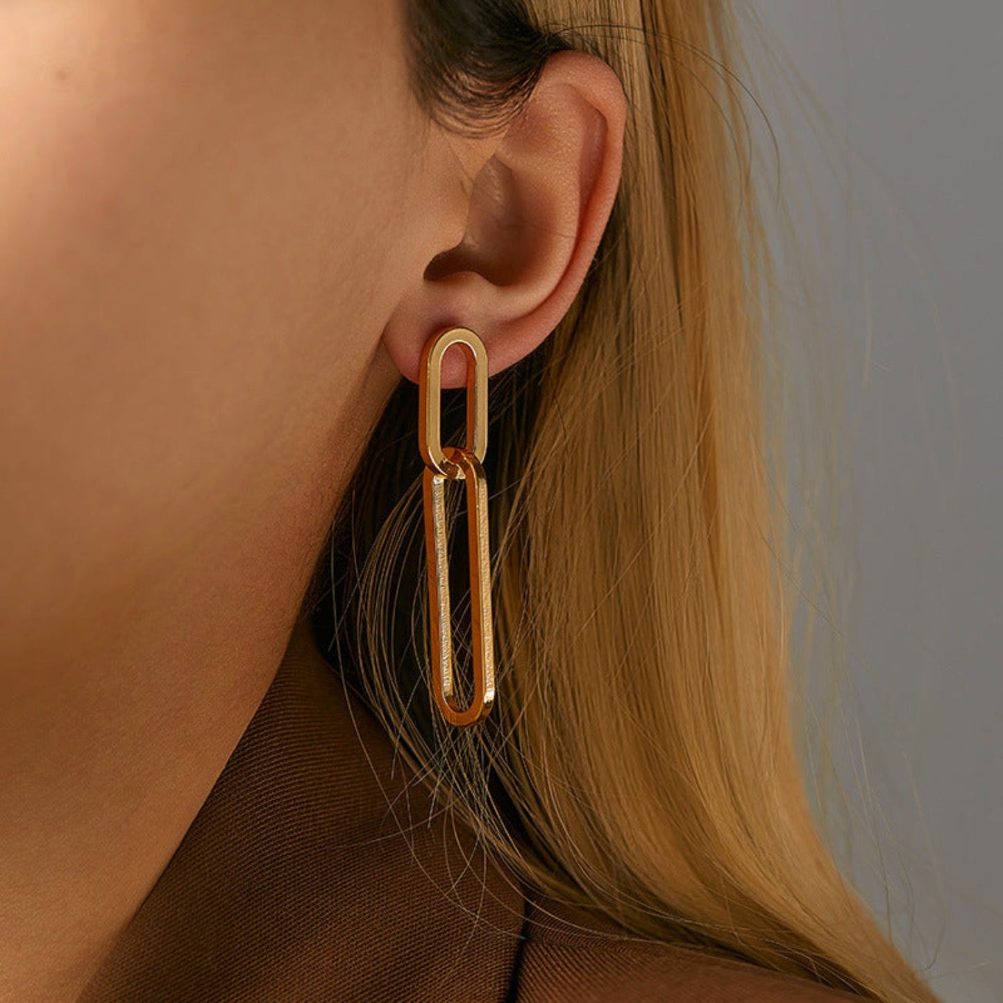 Gold Double Link Stud Earrings JLT12347