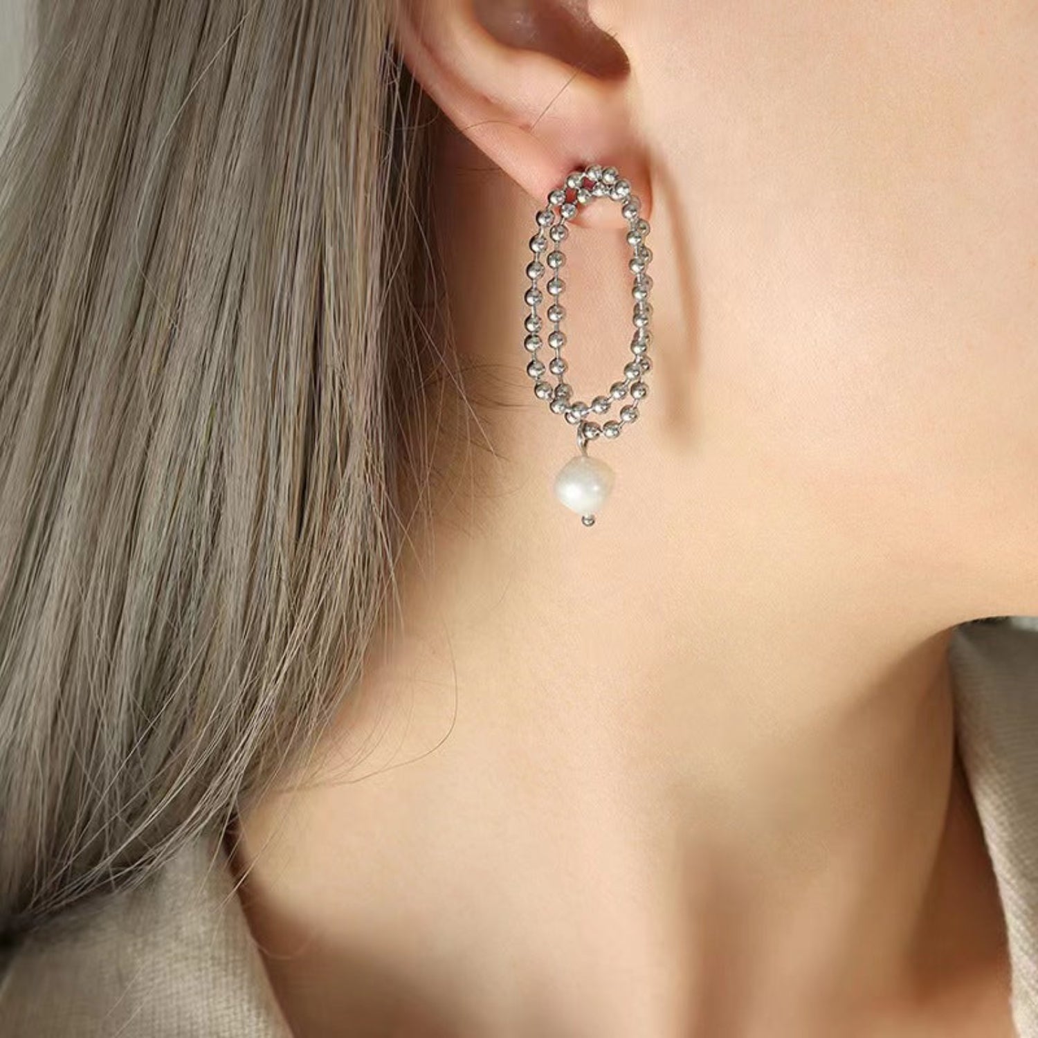 Silver Beaded Oval Pear Pin Earrings JLT12469
