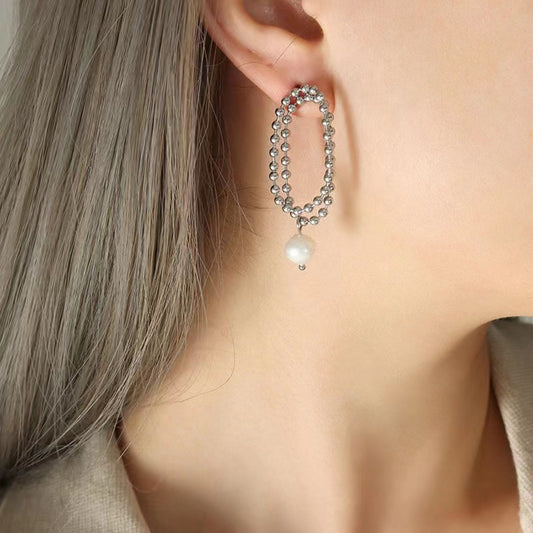 Silver Beaded Oval Pear Pin Earrings JLT12469