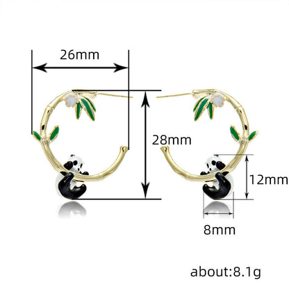 Panda Hanging Bamboo Gold Hoop Earrings JLT12782