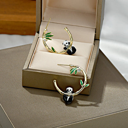 Panda Hanging Bamboo Gold Hoop Earrings JLT12782