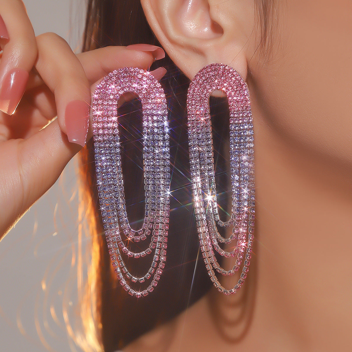 Crystal Tassel Rhinestone Tricolor Dangle Pin Earrings JLT12812