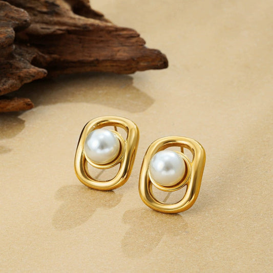 Golden Oval Pearl Studs JLT13393