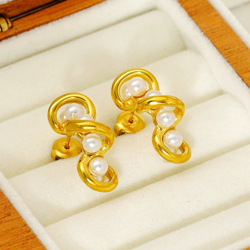 Golden Spiral Pearl Drop Earrings JLT13430
