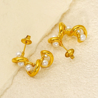 Golden Spiral Pearl Drop Earrings JLT13430
