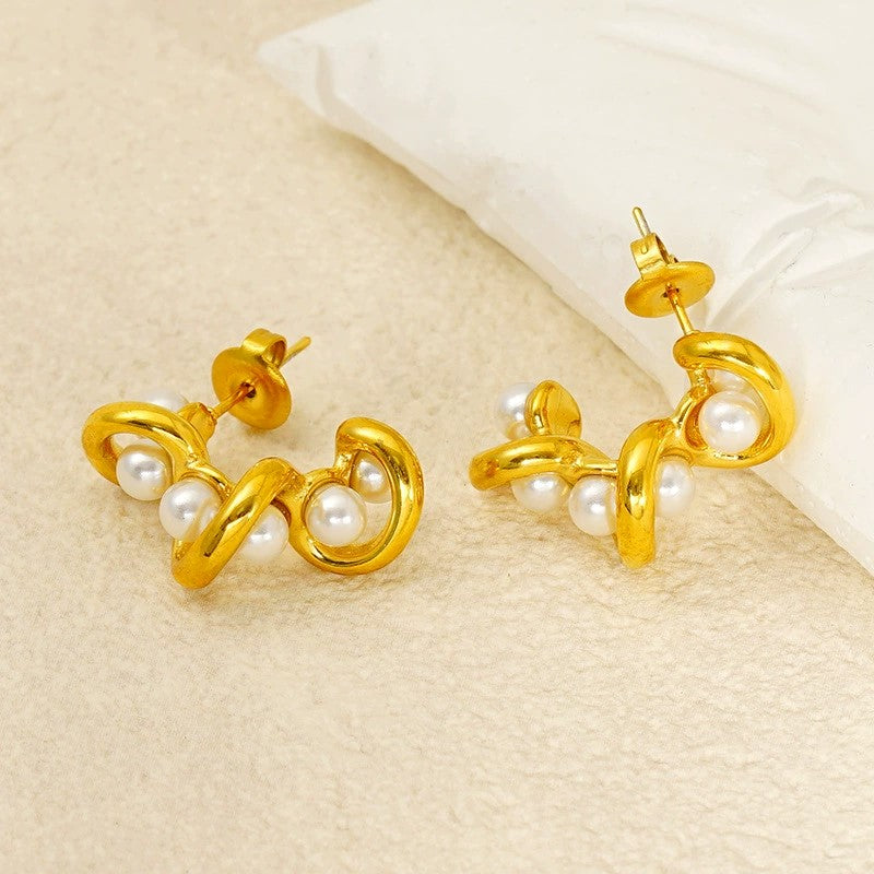 Golden Spiral Pearl Drop Earrings JLT13430