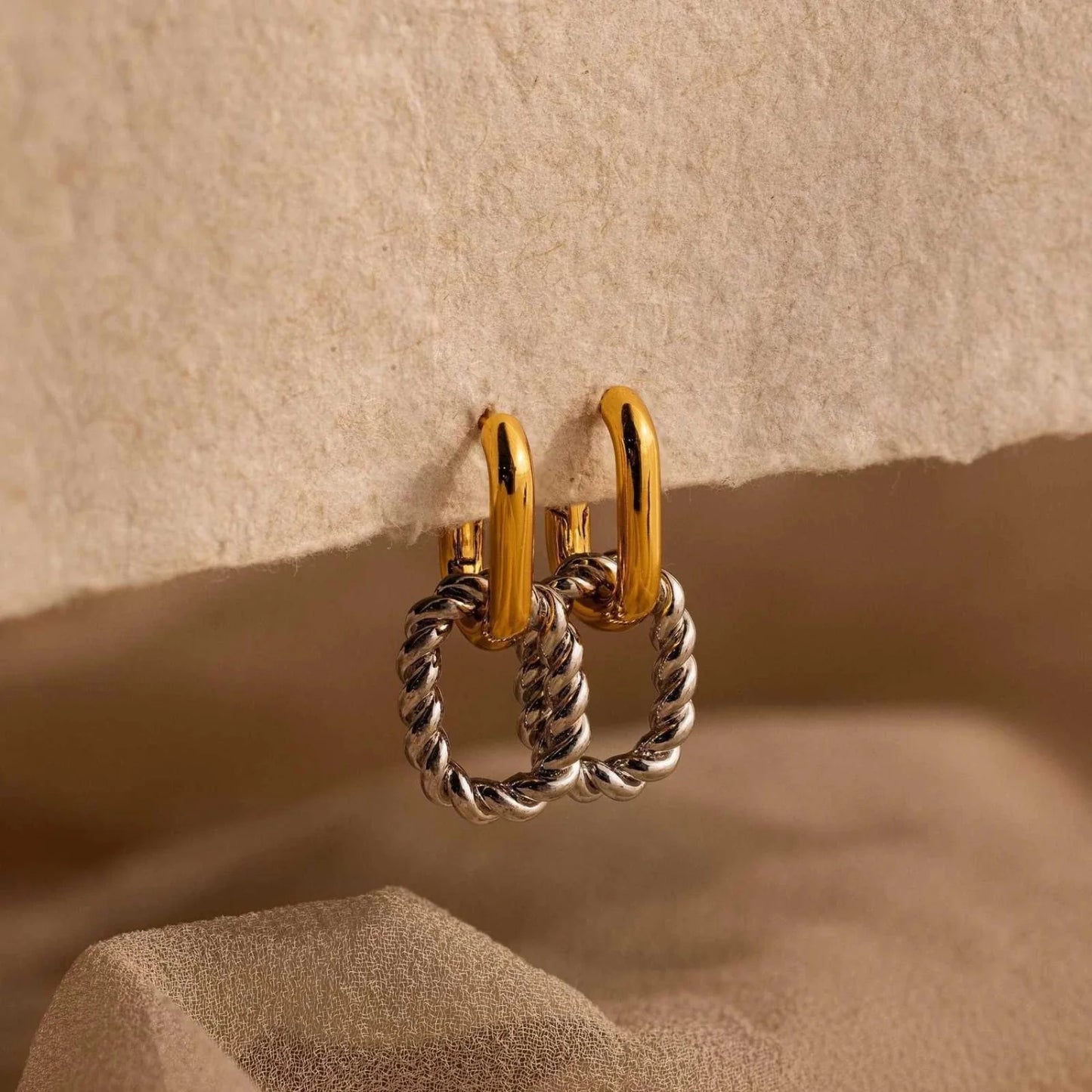 Dual Tone Interlocking Hoop Earrings jlt13488