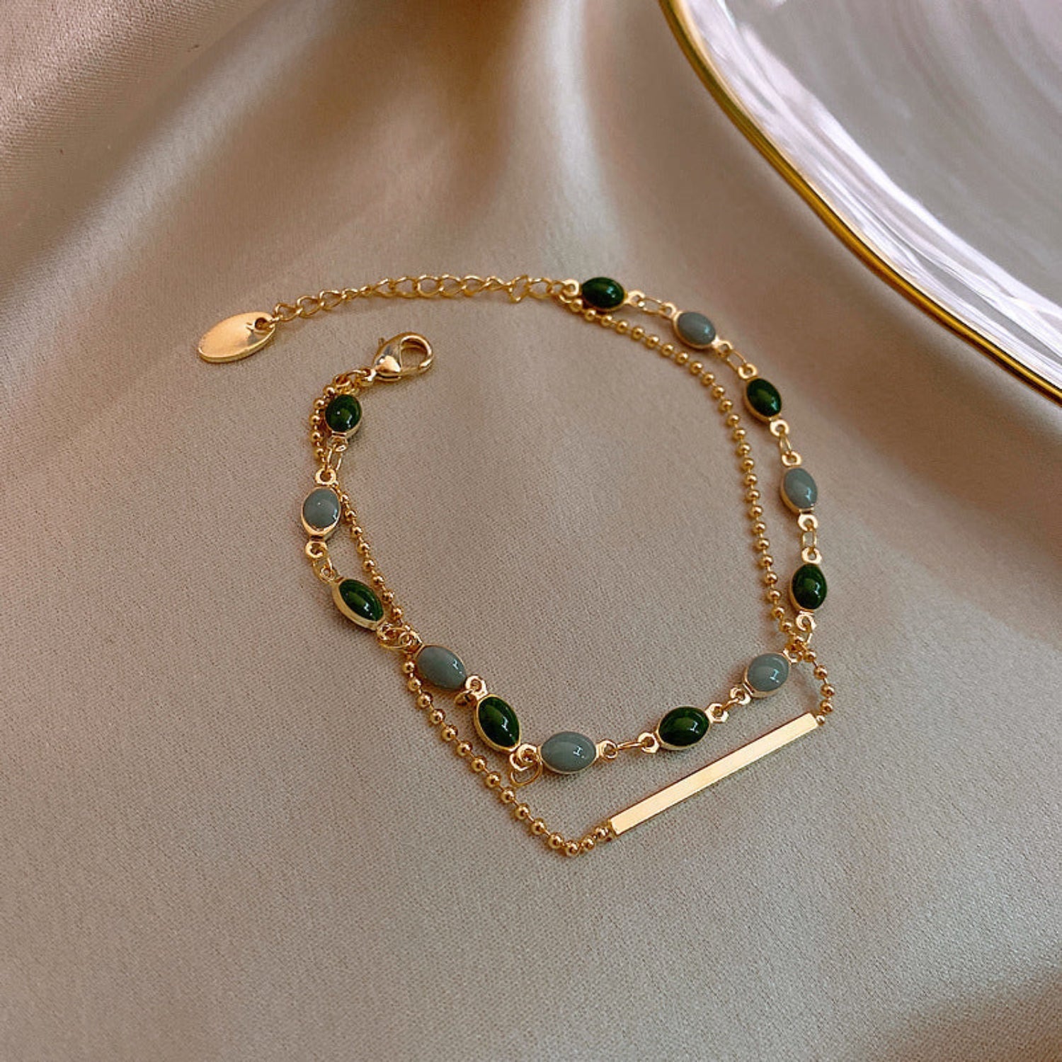 Just Lil Things Artificial Emerald & Grey Dual-Layer| Minimal Elegant Bracelets jltb0260