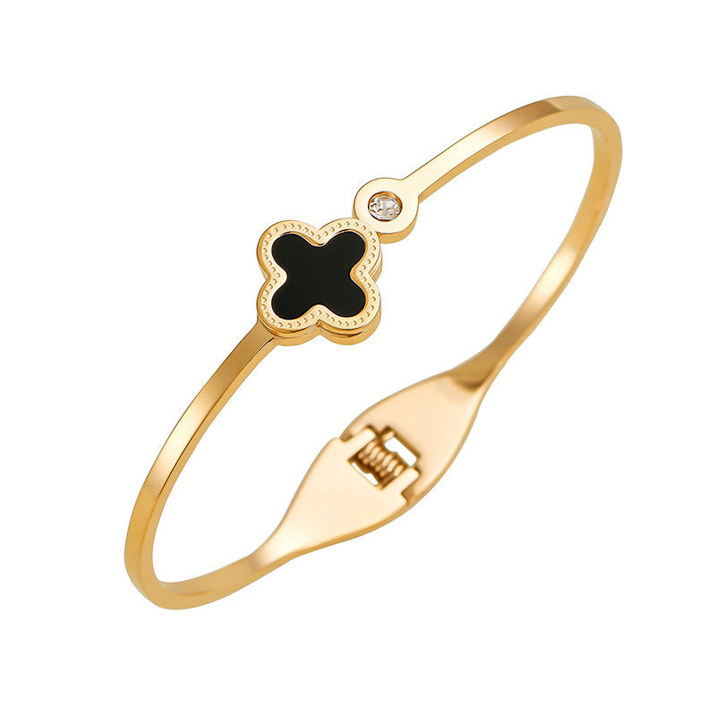 just-lil-things-artificial-Golden Clover Charm Bracelet with Black Enamel Detailing-jltb0317