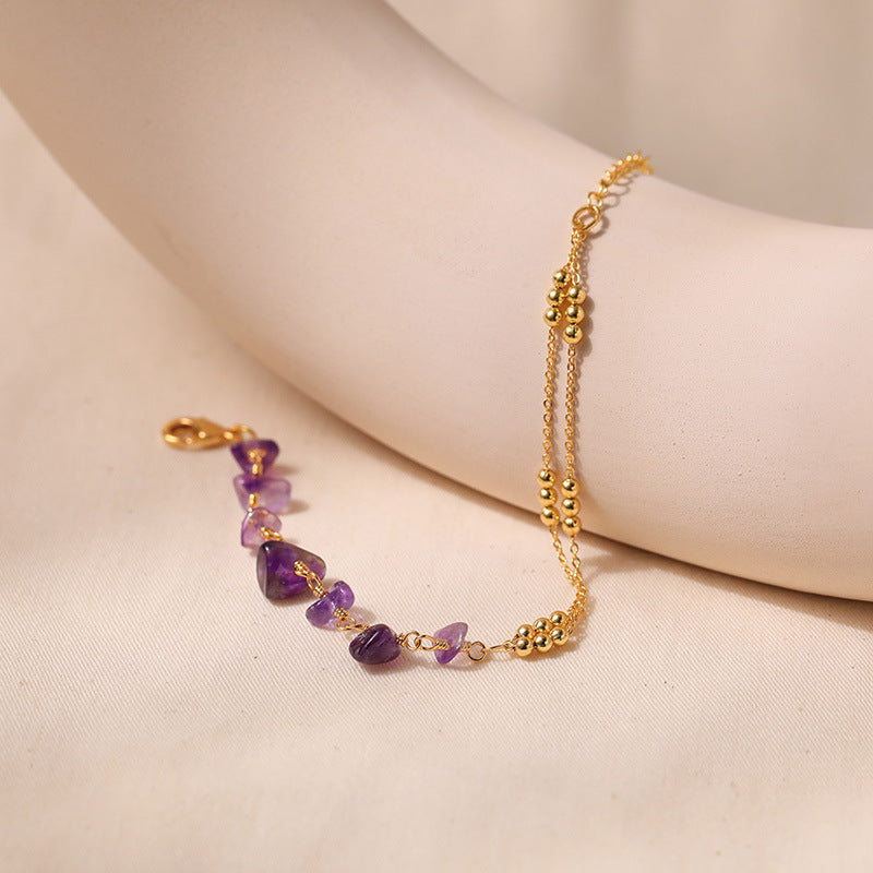 Just lil things Amethyst Gemstone Beaded with Dual Gold Tone Chains – Adjustable Minimalist Design Bracelets jltb0438