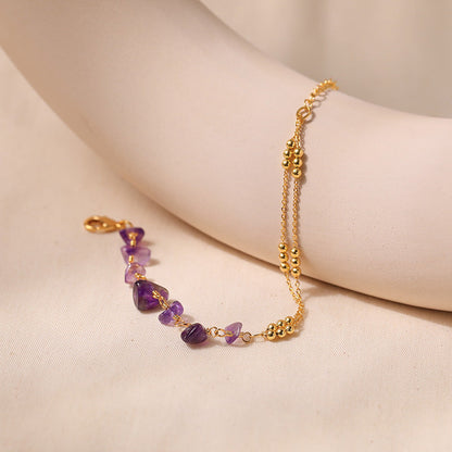 Just lil things Amethyst Gemstone Beaded with Dual Gold Tone Chains – Adjustable Minimalist Design Bracelets jltb0438