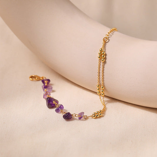 Just lil things Amethyst Gemstone Beaded with Dual Gold Tone Chains – Adjustable Minimalist Design Bracelets jltb0438