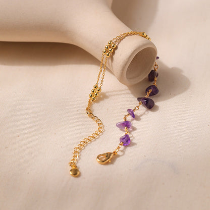 Just lil things Amethyst Gemstone Beaded with Dual Gold Tone Chains – Adjustable Minimalist Design Bracelets jltb0438