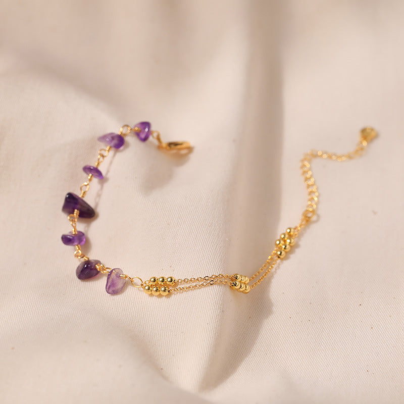 Just lil things Amethyst Gemstone Beaded with Dual Gold Tone Chains – Adjustable Minimalist Design Bracelets jltb0438