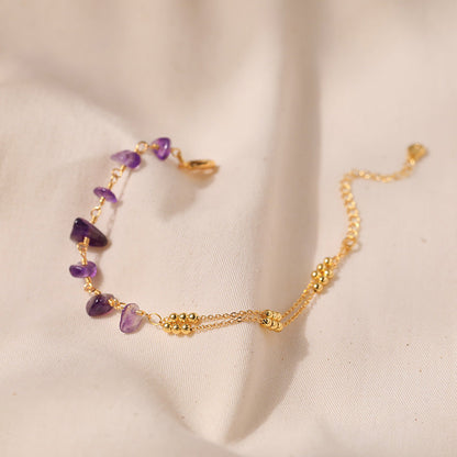 Just lil things Amethyst Gemstone Beaded with Dual Gold Tone Chains – Adjustable Minimalist Design Bracelets jltb0438