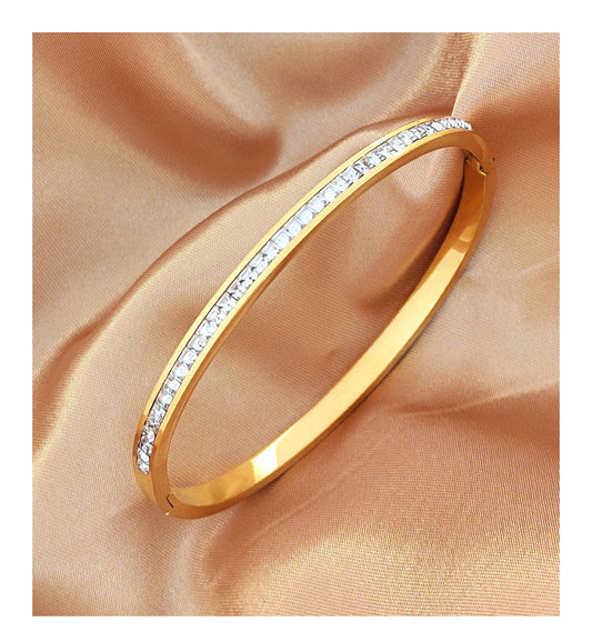 Just lil things-Crystal Inlay Sleek Gold-Tone Bangle – Minimal Elegance for Everyday Wear-Bracelets